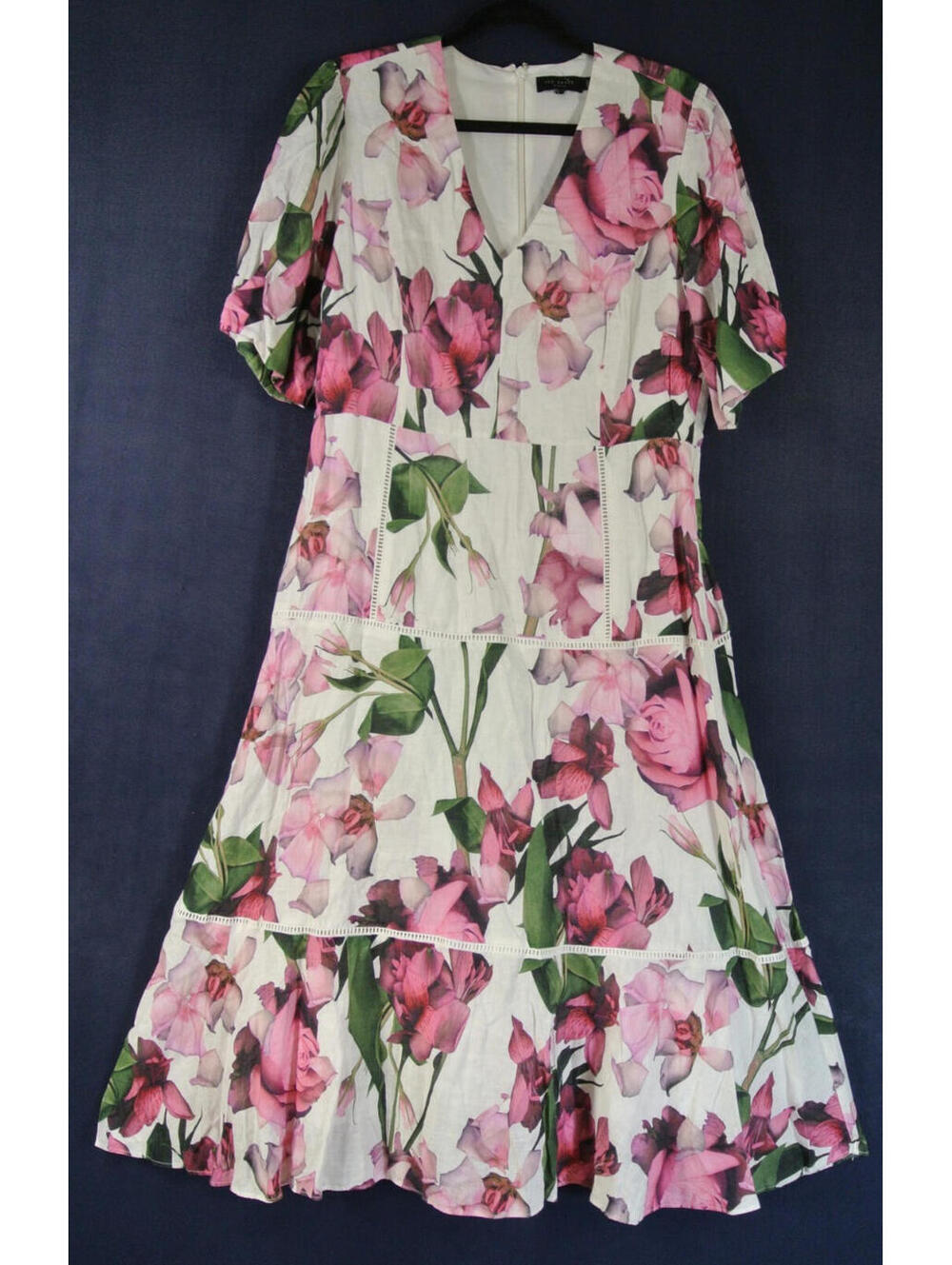 NEW, Ted Baker Floral Print V-Neck Linen Dress in Pink Sz 12 #MD1807